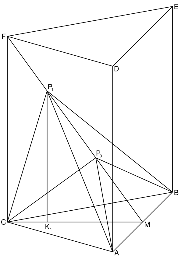Geometrische Zeichnung mit Würfelstruktur, markierten Punkten (A–F, P0, P1, K1, M) und verbundenen Linien/Dreiecken